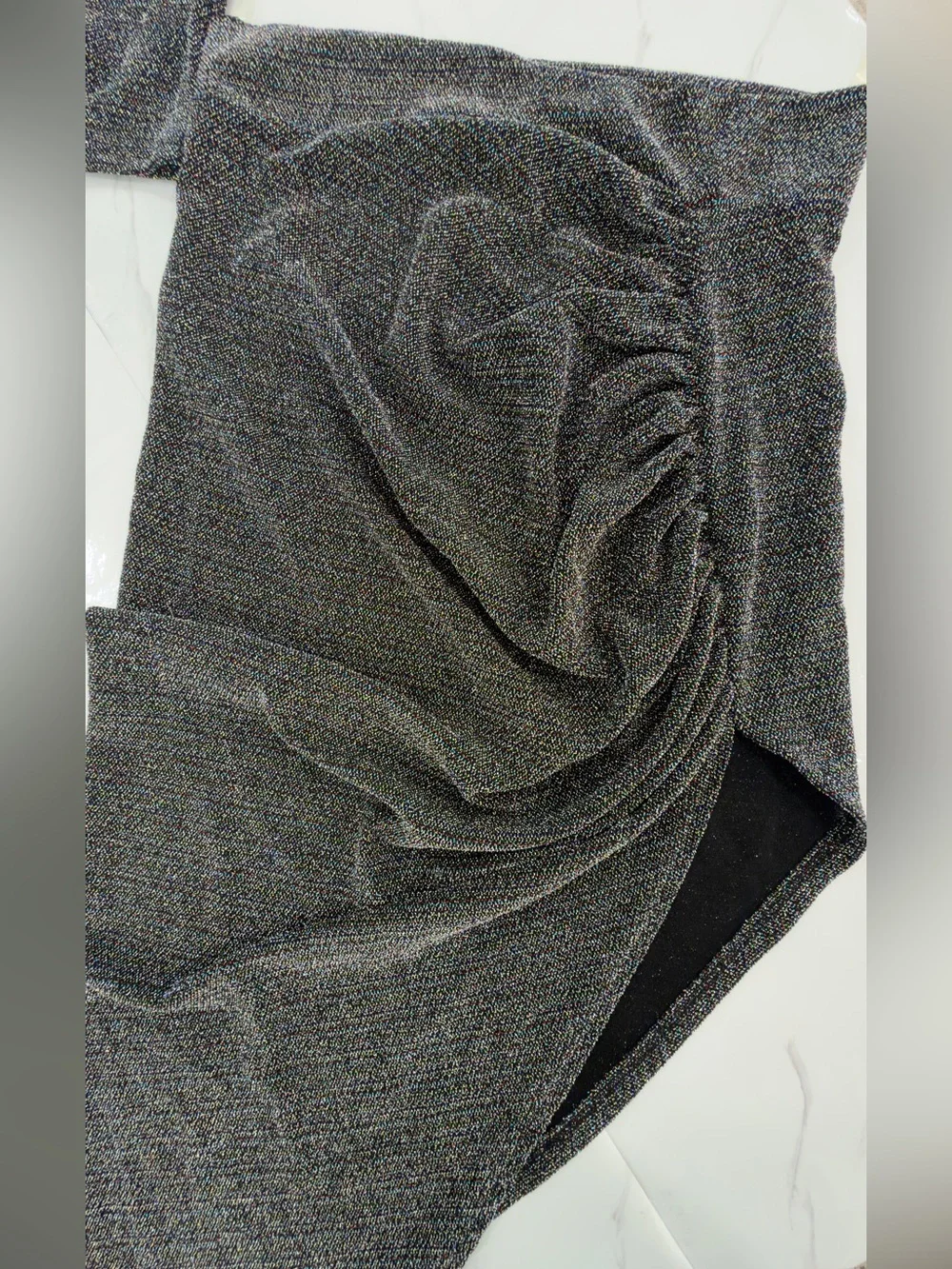 Fashion Nova Silver Charcoal Shimmer Ruched High-Slit Midi Skirt and top
